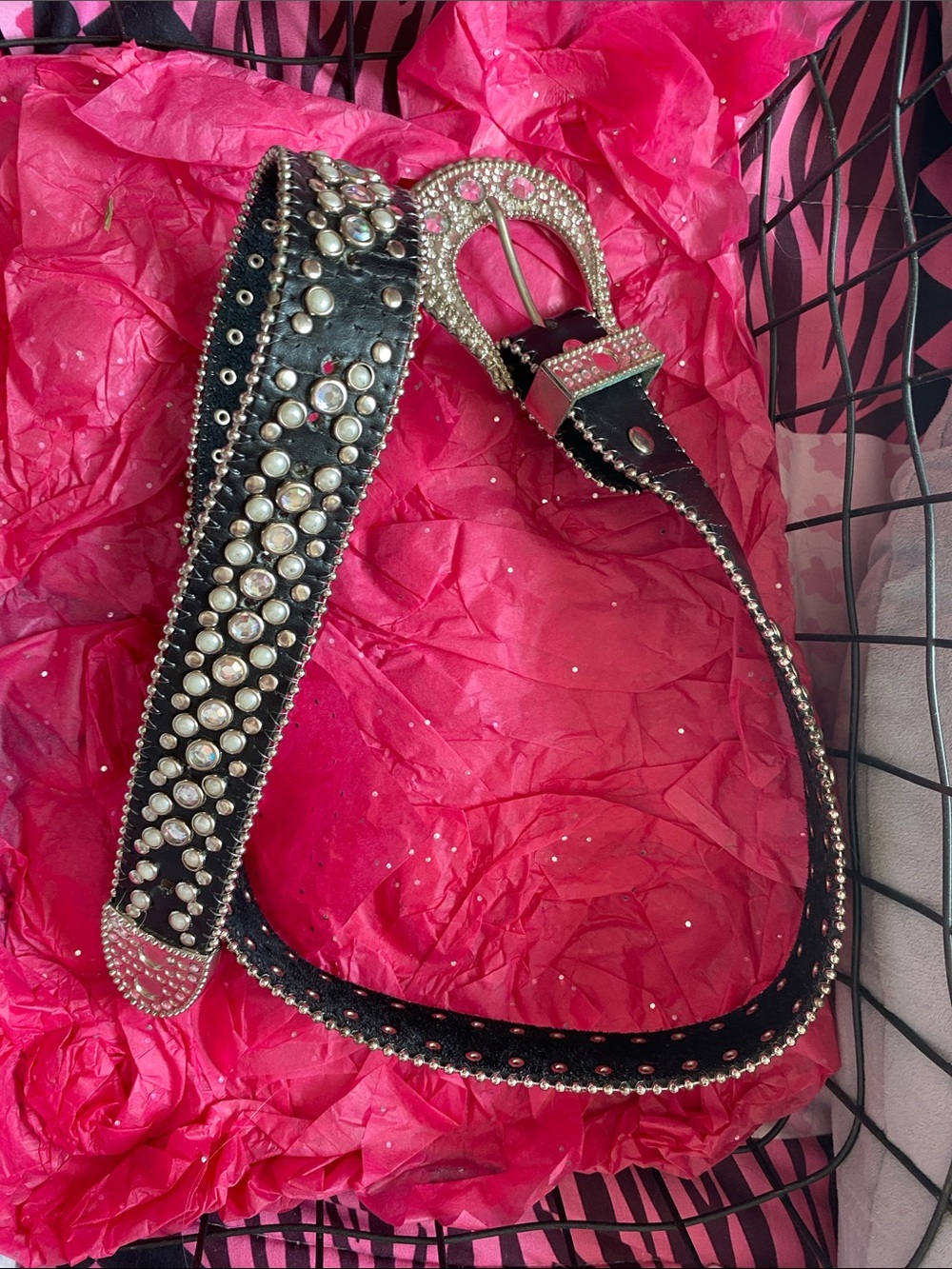 Embellished Black Leather Belt with Rhinestone Buckle